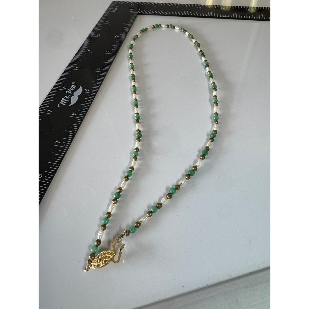 Beaded Fashion Necklace Green Jade Faux Pearls Gold Tone Clasp